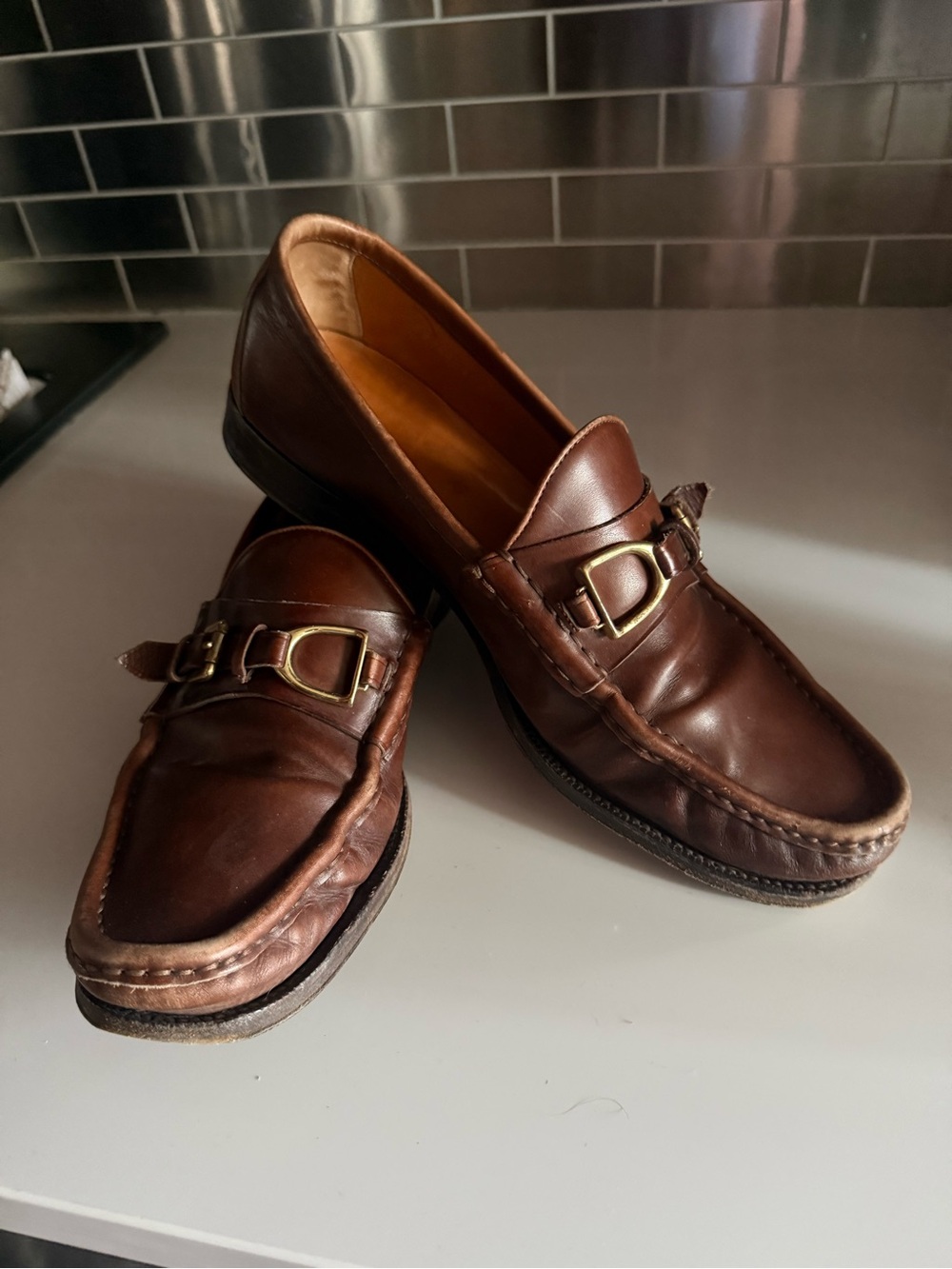 Ralph Lauren Brown Leather Bit Loafers with Gold-Tone Hardware